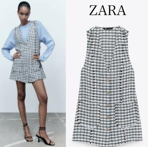 【完売品】ZARA　ザラ ロングジレ ベスト ツイード ワンピース 金ボタン