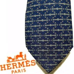 送料600円～HERMES 幾何学模様 シルクネクタイ ネイビー×ブルー フランス製 絹 メンズ MADE IN FRANCE シルク100% 紺×青 エルメス