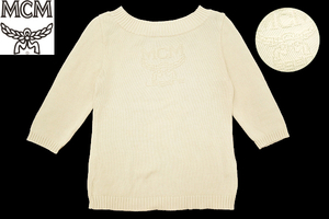 Y-7110★超美品★MCM legere エムシーエム★日本製 大きな胸ロゴ刺繍 ホワイト白色 七分袖 コットンニット セーター Ｌ