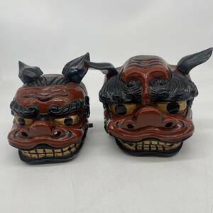 獅子舞 縁起物 時代物 獅子頭 魔除け 木彫 置物 能面 2体 セット売り (検 獅子 狛犬 お面 骨董品 古玩 親子獅子 コレクション NN5D3