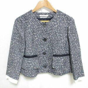 美品 FOXEY NEW YORK COLLECTION フォクシーニューヨークコレクション メランジジャガード ノーカラージャケット 40 ネイビー系 ◆