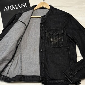 極美品/Lサイズ●エンポリオアルマーニ デニムジャケット ジージャン EMPORIO ARMANI ストレッチ 胸ロゴ イーグルロゴ スタッズ ストーン