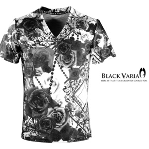 9#bv09-bk BLACK VARIA バラ花柄 ボールチェーン プレミアム Vネック 半袖Tシャツ メンズ(ブラック黒) L 日本製 吸水速乾＆2wayストレッチ