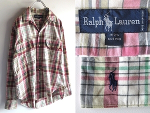 希少 90sビンテージ Ralph Lauren ラルフローレン 袖ロゴ刺繍 コットン 開襟 オープンカラーシャツ チェックシャツ S相当 RN58567正規品