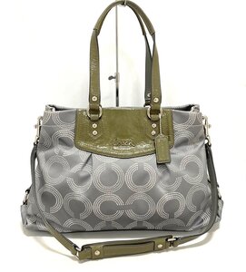 ☆美品　COACH　コーチ　オプアート 2WAY ショルダーバッグ ハンドバッグ　キャンバス × パテントレザー　ライトグレー × カーキ　F20049