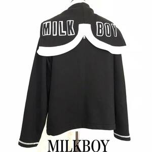 ★ MILKBOY ミルクボーイ ブラック×ホワイト ロゴ アップリケ セーラーカラー スエット ボタン ジャケット 古着 90s 00s ★