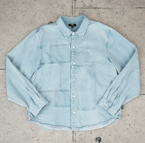 STUSSY ステューシー WEBSTER DENIM SHIRT L.INDIGO ウェブスター パッチワーク デニムシャツ サイズXL