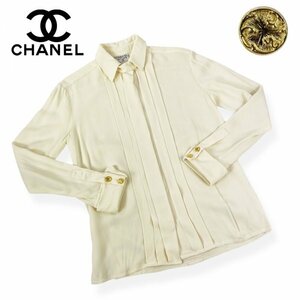 ★高級生地★ CHANEL シャネル シルク100％ ヴィンテージ 金ボタン ボウタイ付き シャツ ブラウス 長袖 アイボリー 38 Lサイズ フランス製