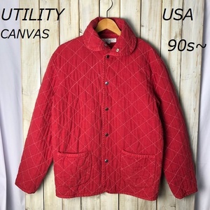 USA古着 90s～ UTILITY CANVAS キルティングコットンキャンバスジャケット カバーオール XS(M程度） 赤 オールド アメリカ古着 ●59