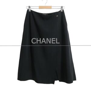 美品 CHANEL シャネル サイズ42 ロゴプレート スリット ミモレ丈 ロングスカート フレアスカート 00C P14536 黒 ブラック