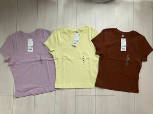 新品 ユニクロ ミニt 半袖 tシャツ トップス クロップド チビt レディース M ブラウン 茶 ピンク イエロー 黄 ３枚セット