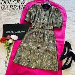 【未使用タグ付き】DOLCE&GABBANA ジャガードワンピース 半袖 36 ドルチェアンドガッバーナ　S シルク　ドレス　ゴブラン織　ドルガバ 膝丈