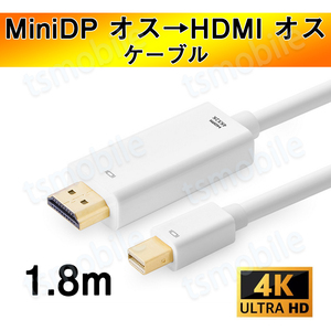 MiniDP to HDMI 4K 変換ケーブル 1.8ｍ 白色 アダプター Mini DisplayPort オス to HDMI オス MacPC TV ディスプレイ