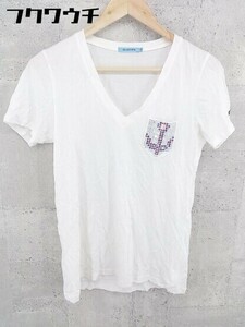 ◇ GUILD PRIME ギルドプライム Vネック スパンコール 半袖 Tシャツ カットソー サイズ36 オフホワイト レディース