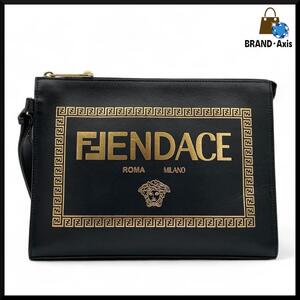 ★【超極美品】FENDACE フェンダーチェ フェンディ×ヴェルサーチェ FENDI ブラック レザー クラッチバッグ メデューサ メンズ★