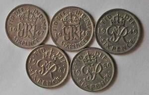 5枚セット/イギリス/1947-51年/ジョージVI世/6ペンス/コイン/UK