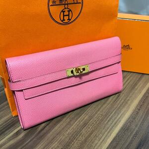 ★美品 X刻印★HERMES エルメス 財布 ケリーウォレット ローズアザレ ゴールド金具