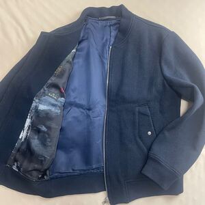 未使用級/定価6.4万 (L) ●Paul Smith ポールスミス グラフィック柄 ウール ニットジャージ MA-1 ジャケット 紺 ライダース ブルゾン 裏地