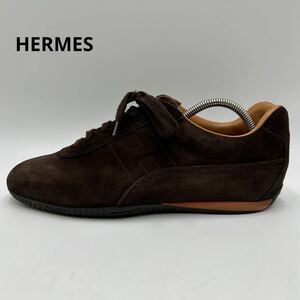 1円 【美品】 HERMES エルメス 【王者の貫禄】 Hロゴ メンズ ローカット スニーカー シューズ 靴 レザー スエード ブラウン 40 25.0cm相当