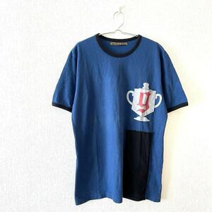 【フェイクロンドン】リンガーTシャツ カットソー ロゴポケット 半袖 綿100% バックロゴ メンズ 青 ブルー サイズM 7919