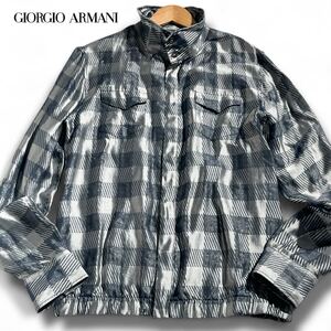 極美品!/Lサイズ ●GIORGIO ARMANI ジョルジオアルマーニ メンズ ハイネック 長袖 ブルゾン シャツ ジャケット チェック 光沢 グレー系 L位