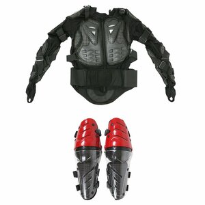 【新品即納】『セット4』バイクウェア ボディープロテクターセット Lサイズ プロテクター(黒)＆ニールガード(赤) 膝当て ひざ インナー