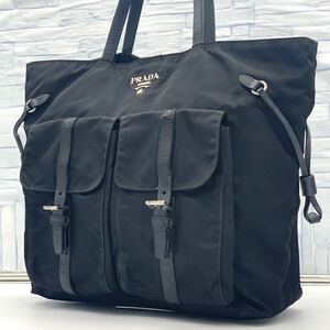 入手困難●PRADA プラダ トートバッグ ハンドバッグ 肩掛け A4 収納可 テスートナイロン レザー ブラック メンズ レディース 男女兼用 1円