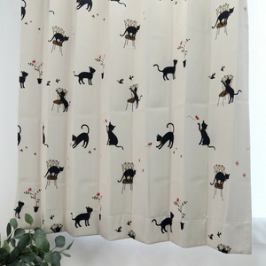 遮光カーテン かわいい猫柄 アイボリー 幅100cm×丈250cm2枚 日本製 プリーツが綺麗な形態安定加工