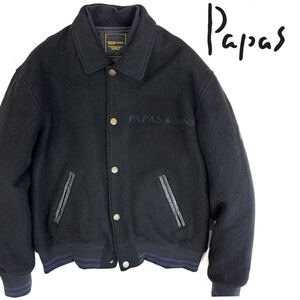 定7.7万円 美品!PAPAS&SONS カシミヤ混 ウール 刺繍ロゴ メルトンウール 中綿入 スタジャン(M)ブラック 黒 日本製 メンズ アウター パパス