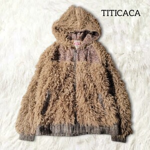 37 【TITICACA】 チチカカ ボア ジップアップ パーカー ブルゾン アウター F ブラウン フード ニット切替 アジアン 個性的 レディース