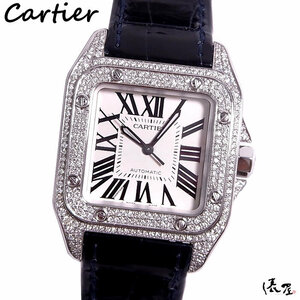 【国際保証書】カルティエ サントス 100 MM ダイヤベゼル 自動巻 極美品 OH済み 時計 Cartier Santos 俵屋