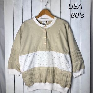 USA古着 80s ドット 異素材パネル切り替え 半袖スウェット 大きめ L～XL オールド ヴィンテージ アメリカ古着 s/s　ライトオンス ●142