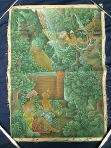 E0385 Sunaba Ubud Bali 裏書有 2 遺跡飛天人物 肉筆画 57×40 バリ美術