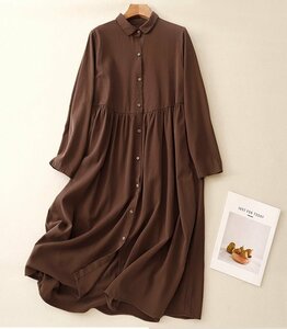 秋の色ワンピ* 2XL : ♪ お洒落な コットン風☆綿と麻☆ギャザー入り ゆったり 新品☆レディース 長袖 ロング ワンピース 