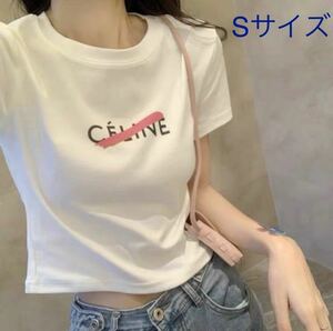 Sサイズ ネオンスラッシュロゴTシャツ クロップド 半袖 トップス ホワイト 白 yshopインポート 服 韓国 海外