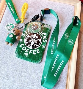 新品 スタバ　 IDカードホルダー ネックストラップ付 ベアリスタ フィギュア付き　グリーン　 定期入れ パスケース　ストラップ　STARBUCKS