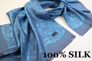 新品【SILK シルク100%】華 ペイズリー柄 大判 ストール/スカーフ エメラルドブルー系 チャコールグレー