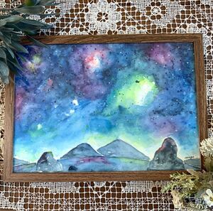 nyago 水彩画 風景画 星空 夜景 絵画 絵 イラスト 原画 画家 真作 芸術 美術 アート インテリア 壁掛け デッサン スケッチ ハンドメイ チ。