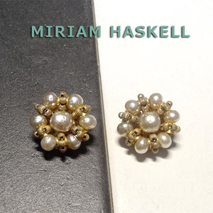 ミリアムハスケル◆パールと金ビーズの花型イヤリング：ヴィンテージコスチュームジュエリ ー：Miriam Haskell