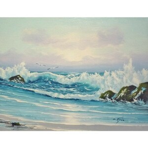 油彩画 洋画 肉筆油絵 F6号 「波 海 海景画」-172-特価-