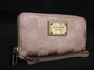 1円■新品同様■ MICHAEL KORS マイケルコース MK柄 レザー ストラップ付き ラウンドファスナー 長財布 メタリックピンク系 BG9454