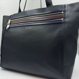 美品/近大モデル●ポールスミス Paul Smith トートバッグ ビジネスバッグ 肩掛け A4◎大容量 マルチストライプ ブラック 黒 レザー メンズ