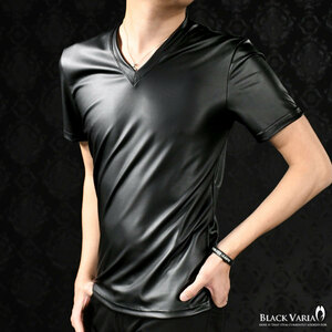9#193201a-1bk BLACK VARIA 光沢 ストレッチ スリム 半袖 Vネック Tシャツ メンズ 日本製 無地 (マットブラック黒) L シンプル インナー