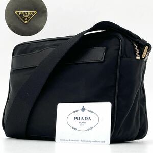 1円【美品】PRADA プラダ ショルダーバッグ 三角ロゴプレート テスートナイロン サフィアーノレザー ゴールド金具 ブラック 肩掛け 白タグ