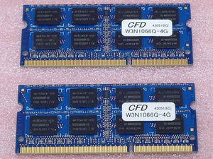 ＃CFD W3N1066Q-4G - PC3-8500S/DDR3-1066 204Pin DDR3 S.O.DIMM 8GB(4GB x2) 動作品