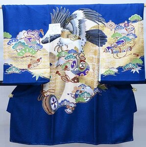 お宮参り 産着 のしめ 男児 正絹 着物 綸子地 豪華絢爛 金刺繍 鷹 小槌 太鼓 紺地 祝着 新品 (株) 安田屋 NO36716