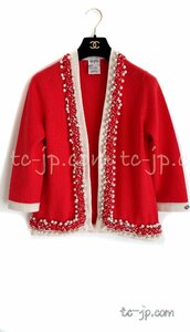 シャネル カーディガン CHANEL レッド 豪華 パールトリミング カシミア100% ニット ジャケット 超美品 38 40