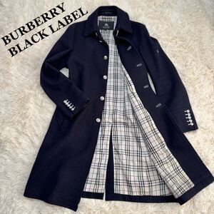 【美品】1円~★ BURBERRY BLACK LABEL コート ナポレオン カシミヤ 銀ボタン ノバチェック ロング バーバリー アウター 希少 ベルト付 羊毛