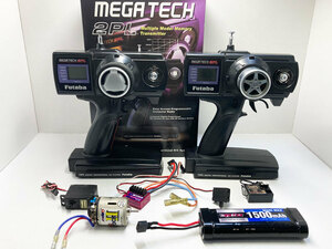 ◆中古 フタバ 2PL AMプロポ2台 受信機 R152JE サーボ S3003 ESC MC230CR モーター バッテリーセット メガテック◆