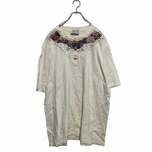 BASIL 半袖 刺繍 Tシャツ XL～ レディース アイボリー USA製 リボンフラワー パール シングルステッチ 古着卸 アメリカ仕入 a604-6140